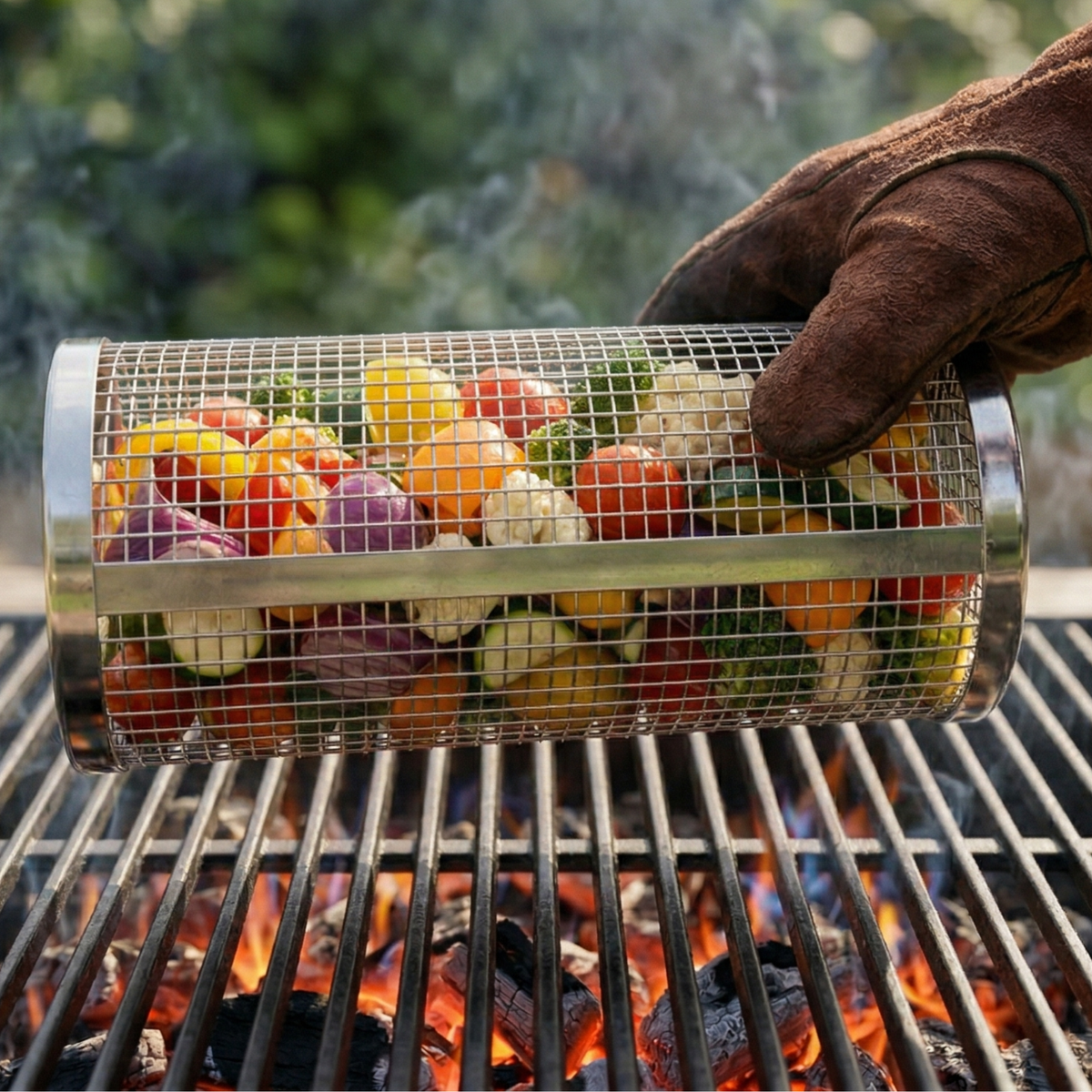 Panier à griller rotatif — légumes & garnitures au barbecue