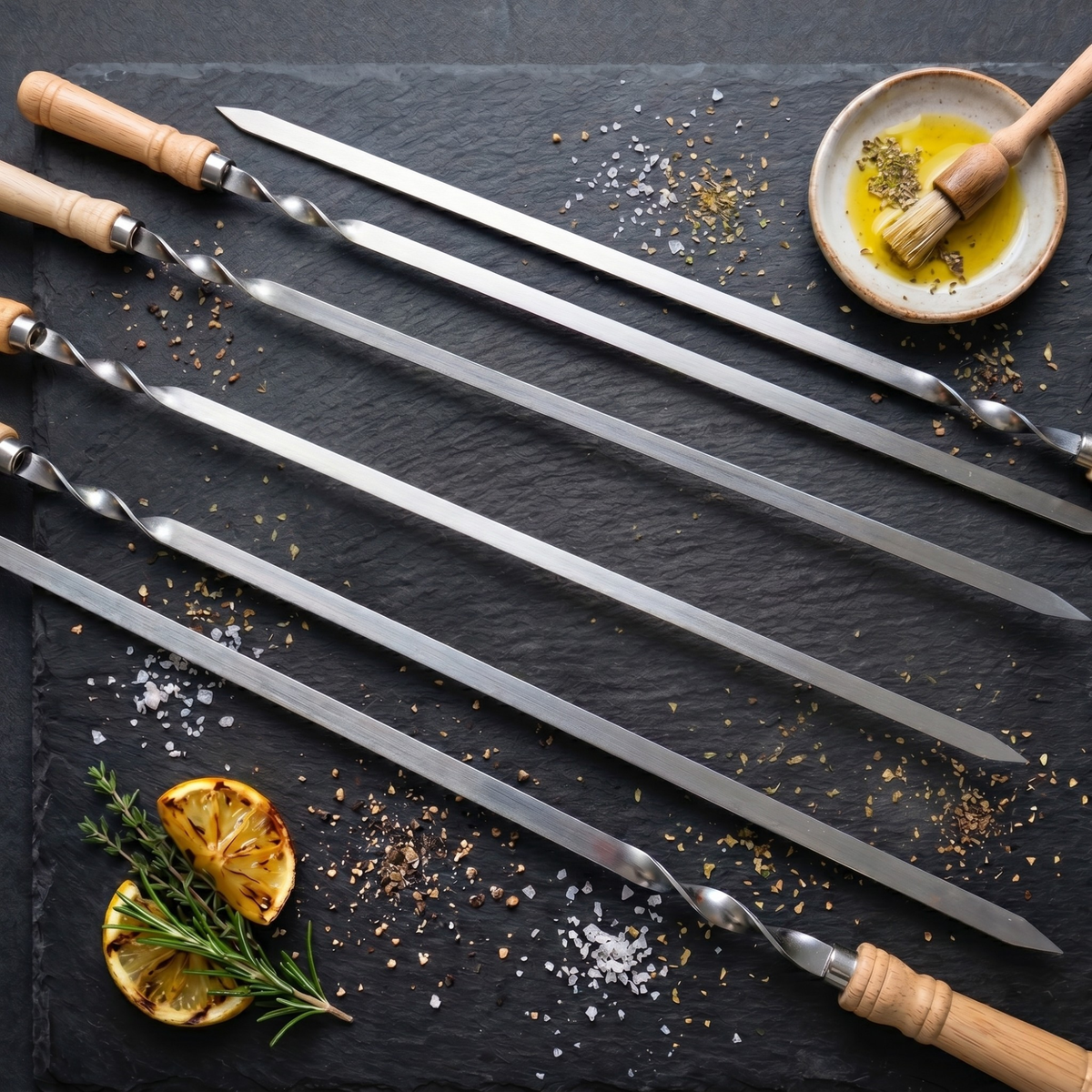 Brochettes de Grill Inox — Lot de 6 | Manche Bois, 55 cm